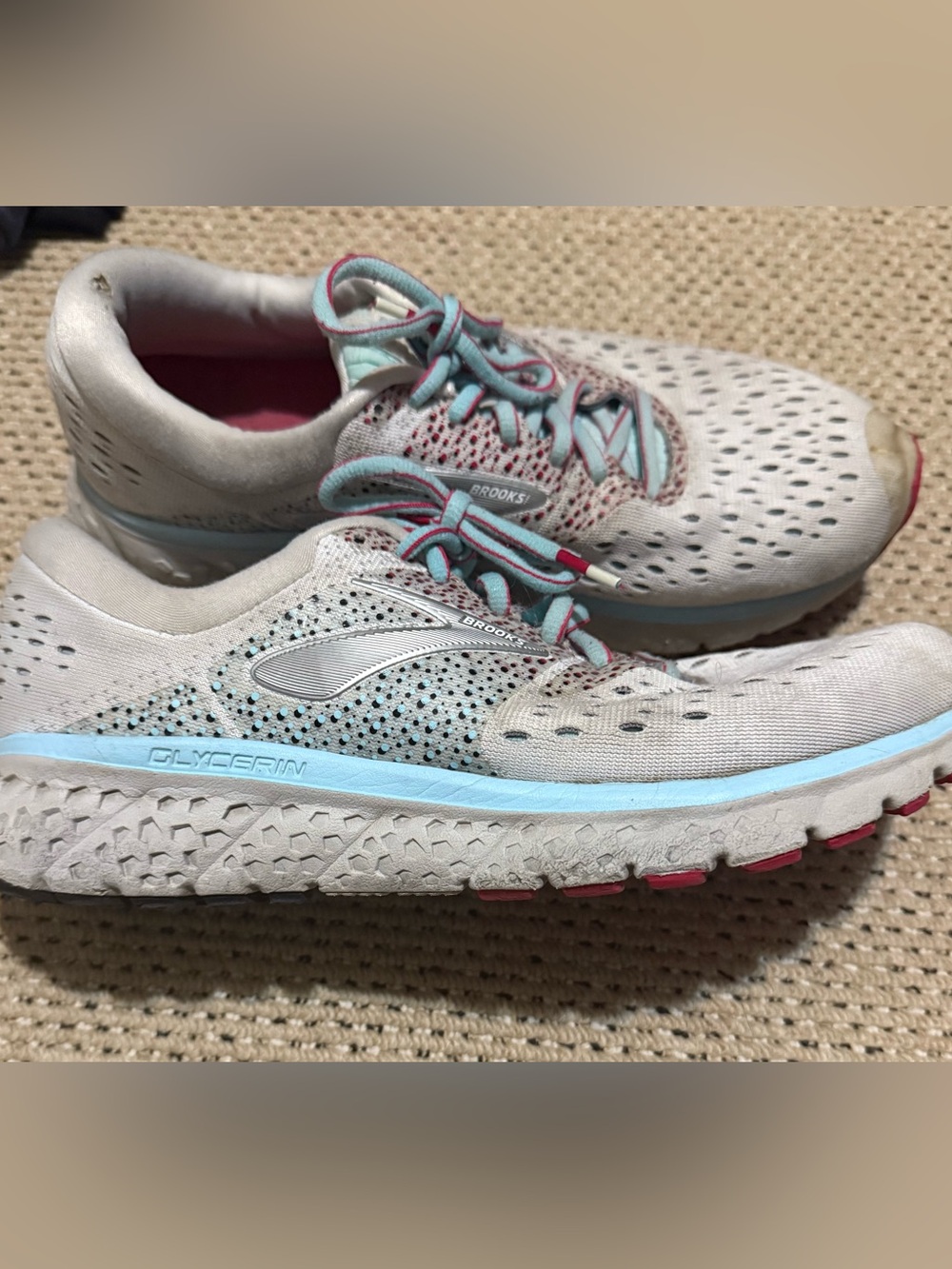 Brooks Glycerin Women's White Running Shoes with Teal & Pink Accents